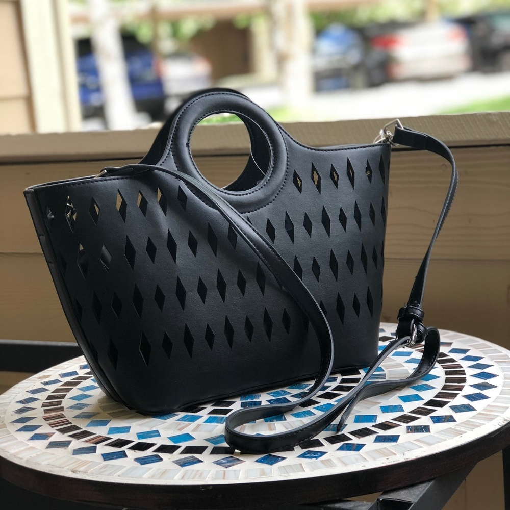 FREE PEOPLE FAUX BLACK LEATHER DIAMOND CUT TOTE